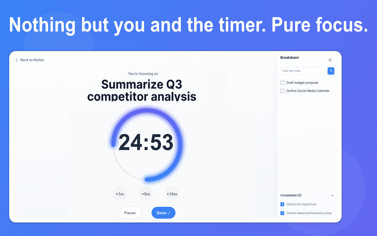 Screenshot of the Akarnu extension in focus mode, with a single task and a countdown timer.